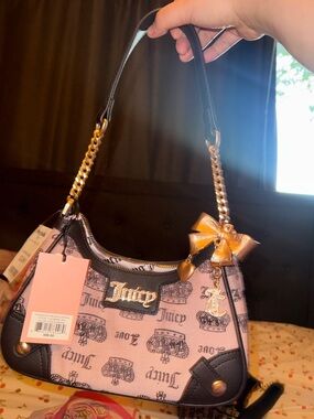 Juicy Couture Pink and Black Shoulder Bag with Gold Chain Strap